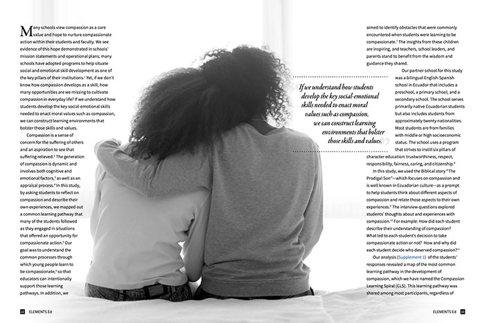 An image of a two-page magazine spread from the article, 'The Compassion Learning Spiral', published in Elements Ed Issue 02.