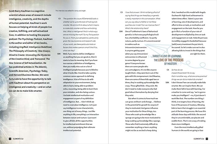 a preview showing a two-page spread of the ElementsEd interview with Scott Barry Kaufman on creativity and intelligence.