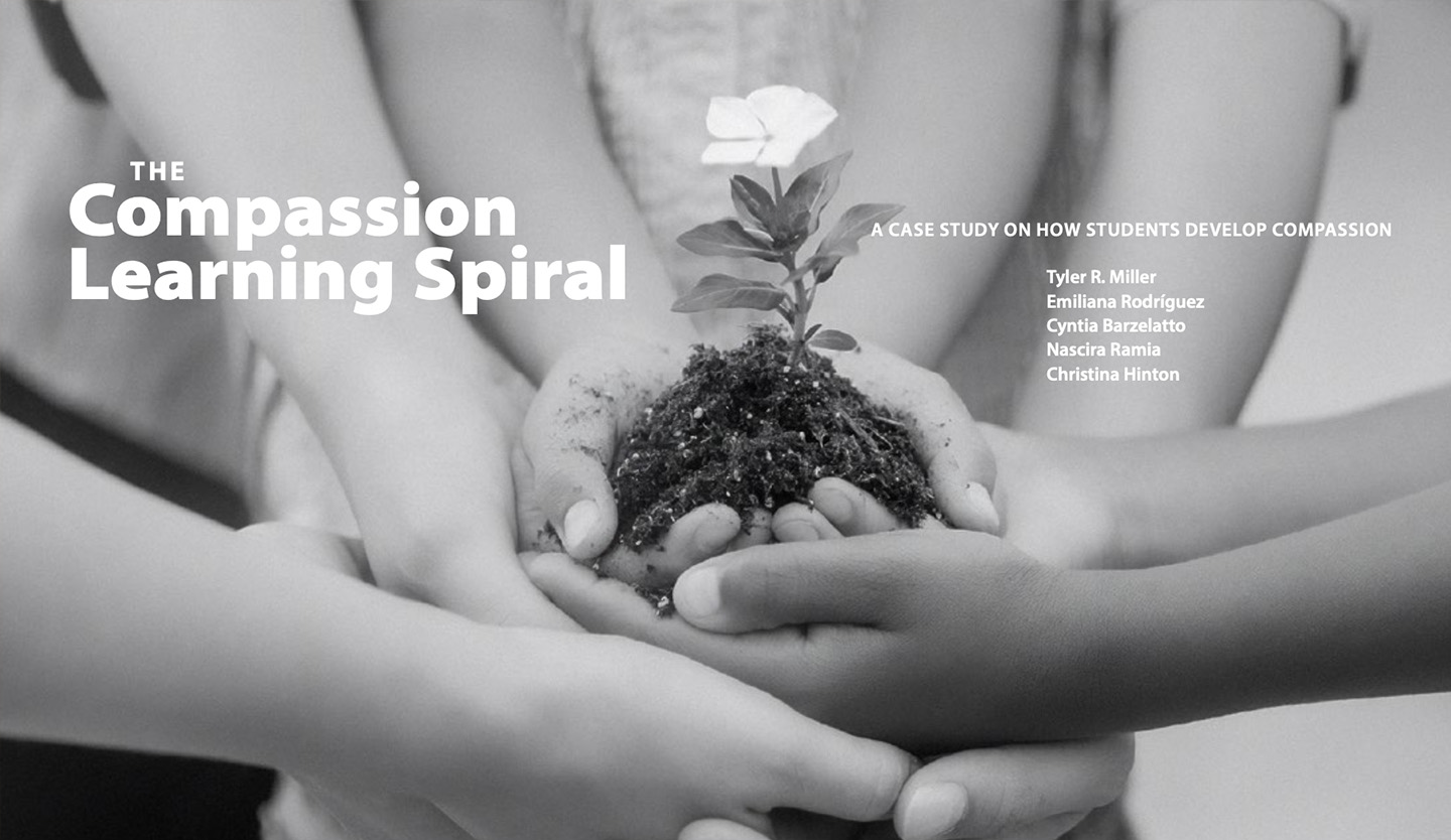 The cover image for an article reads, 'The Compassion Learning Spiral: A Case Study on How Students Develop Compassion'. Pictured are children's hands holding a flowering plant in soil.